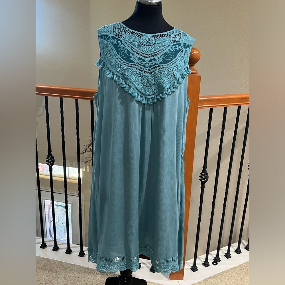 DAVI & DANI Sea Green Sleeveless CROCHET TASSLE YOKE BABYDOLL Dress SIZE 3XL - Picture 4 of 14